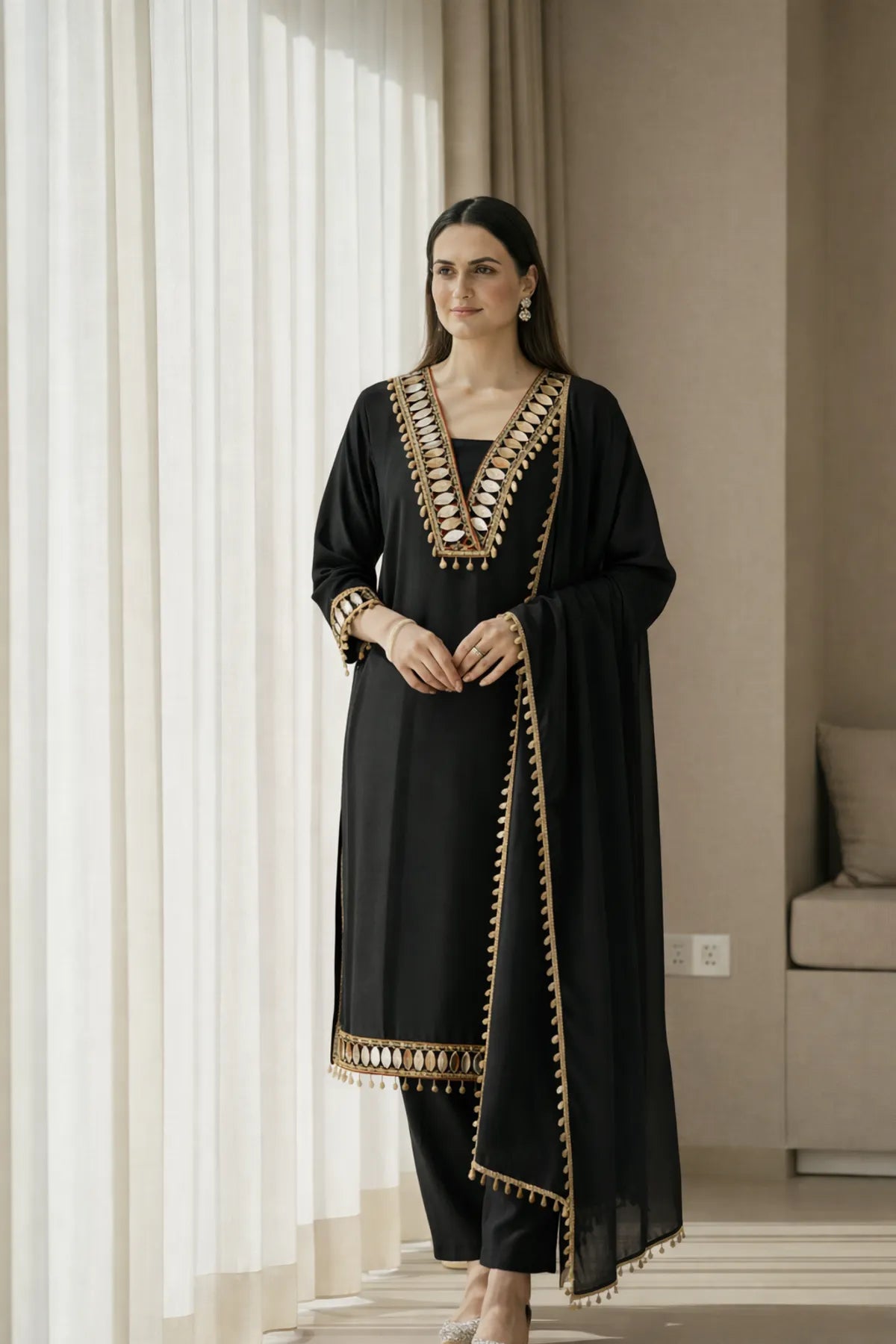 Black Velvet Mirror Work Festive Kurta Pant & Dupatta Set