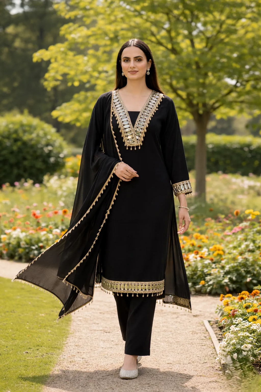Black Velvet Mirror Work Festive Kurta Pant & Dupatta Set