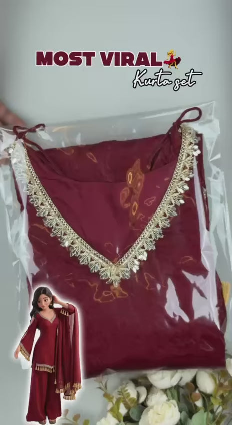 Maroon Zariya Tassel Grace Kurta Palazzo & Dupatta Set