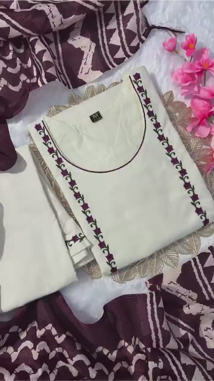 Ivory Khadi Cotton Thread Embroidered Kurta Set with Pant & Printed Dupatta