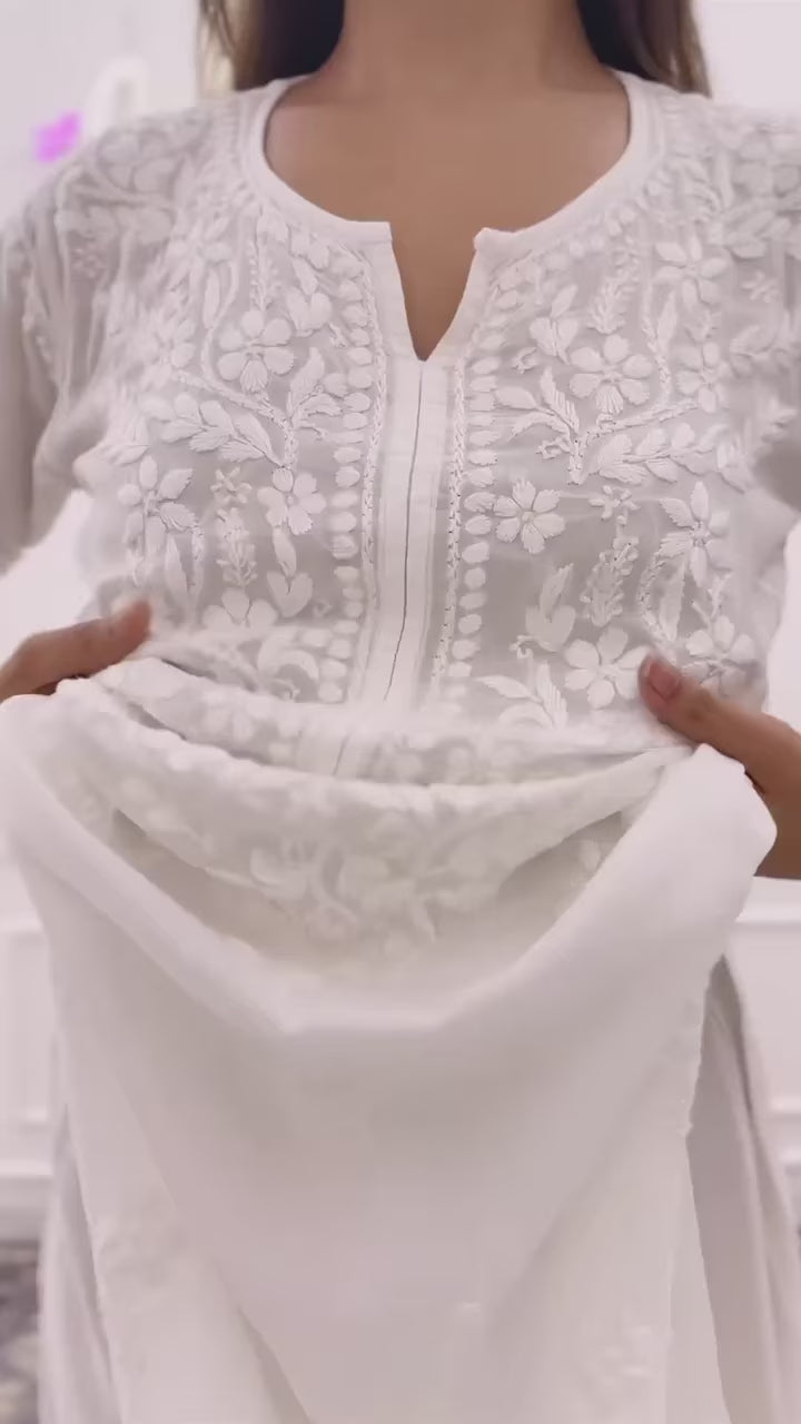 Premium White Maslin Embroidered Kurta Set with Palazzo & Dupatta