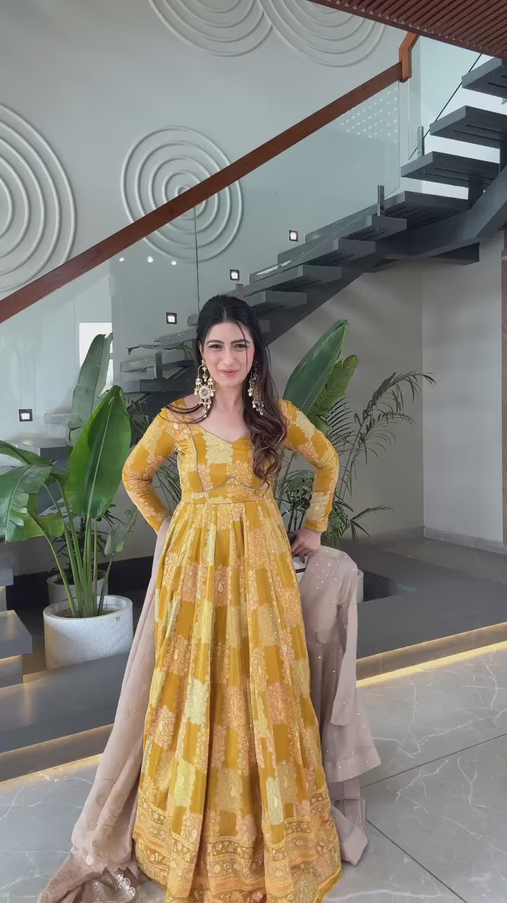 Champagne Beige Mukesh Work Peplum Palazzo Set with Dupatta