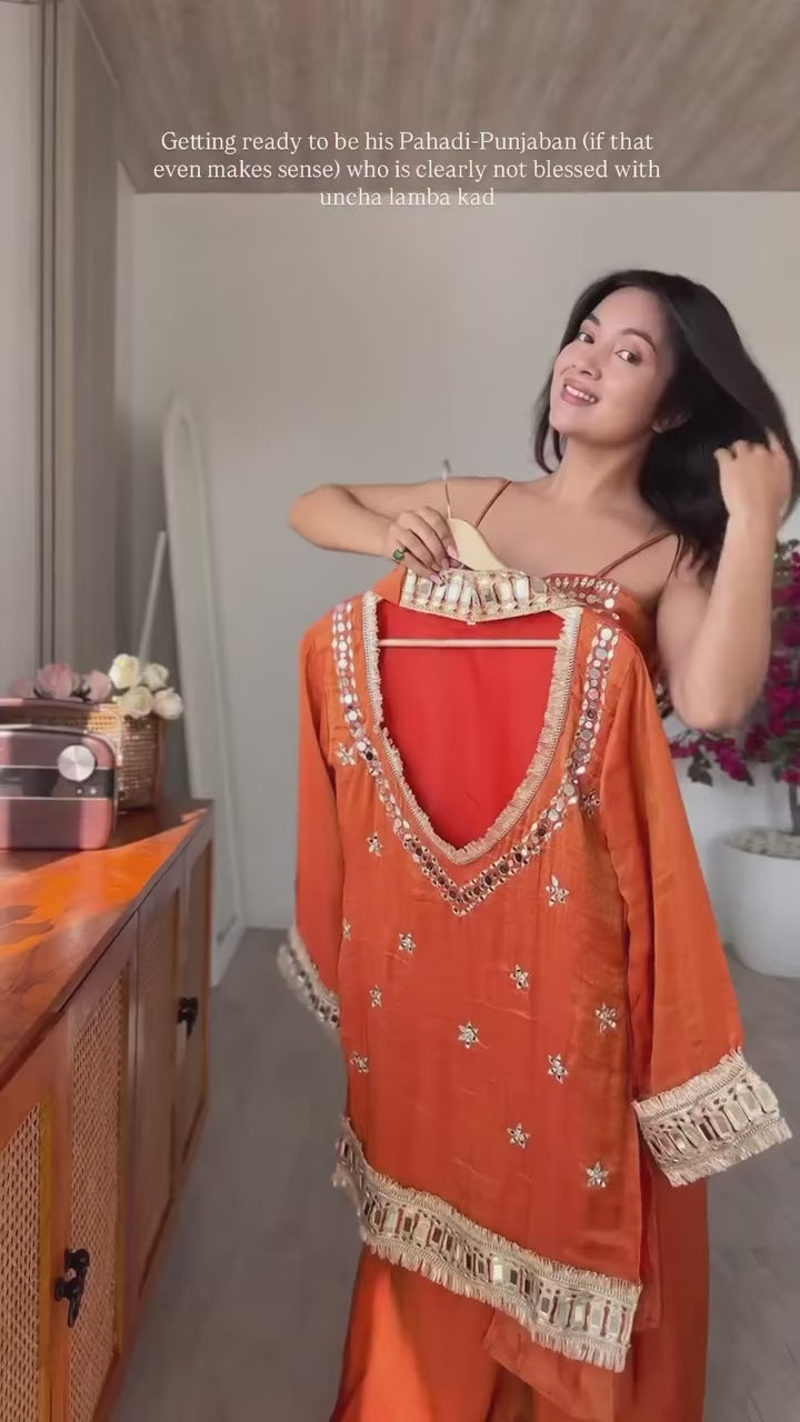 Rust Orange Pakistani Mirror Work Kurti Sharara Set
