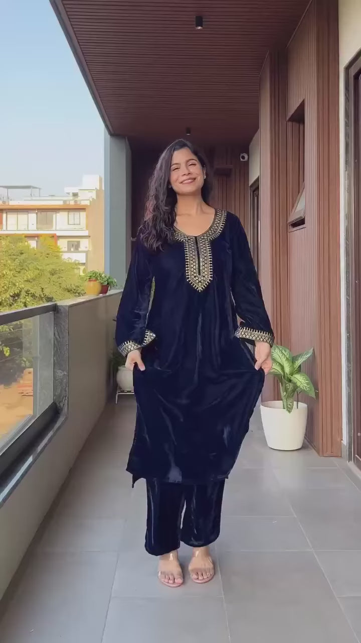 Midnight Blue Velvet Embroidered Kurta Set with Dupatta for Women